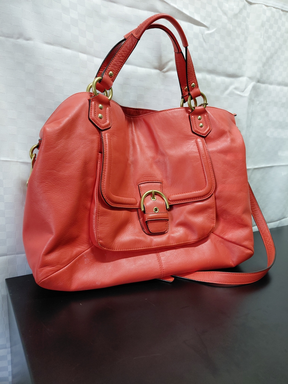 Coach Coral Leather Shoulder Tote with Front Buckle Color Salmon. - Picture 1 of 9